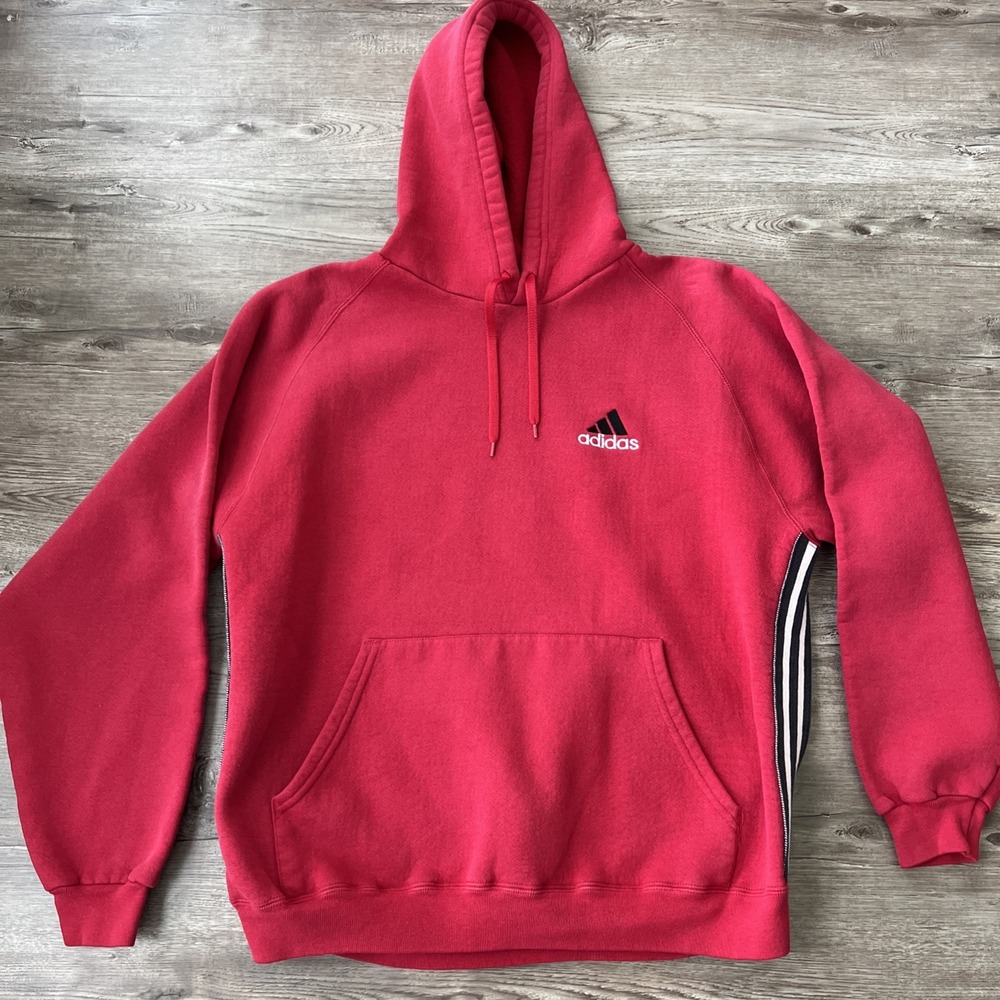 Vintage Adidas Hoodie Made USA Mens L Red 3-Stripe Pullover Sweatshirt 90s Y2K